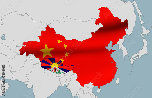 Map of China and Tibet in the colors of the national flags