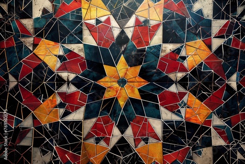An intricate mosaic tile pattern, inspired by the decorative floors and walls of the palaces and temples, featuring geometric shapes and vibrant colors created with Generative AI Technology