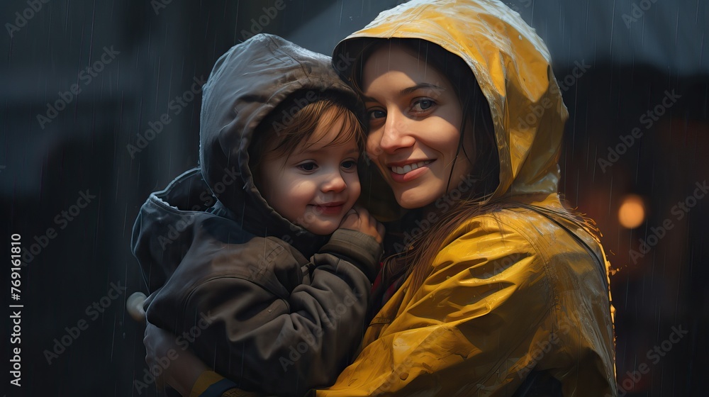 Woman and Child in Raincoats on Cool Summer Evening Woman and Child in Raincoats on Cool Summer Evening
