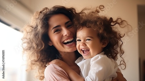 Joyful Mother and Daughter Moment with Long Curly Hair