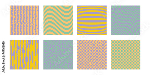 Groovy hippie chessboard pattern set. Retro 60s 70s psychedelic design. Gingham vintage vector wallpaper collection for print templates.