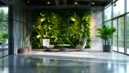 Green, office setting, sustainable office space. Future enviroment friendly office rooms photo