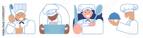 Chef cooking food. Person preparing dish.  Collection of vector flat illustration of various simple geometric sketches