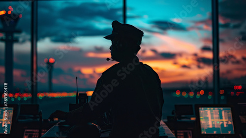 silhouette of a military air traffic controller, Sunset background with an overlay of air, traffic controllers screen. Concept, careers in aviation