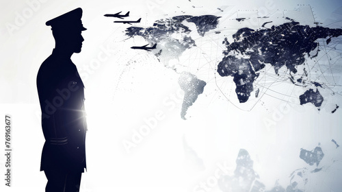 Silhouette Airline Pilot jets map of the world, overlay commercial airways white background travel holidays, planet