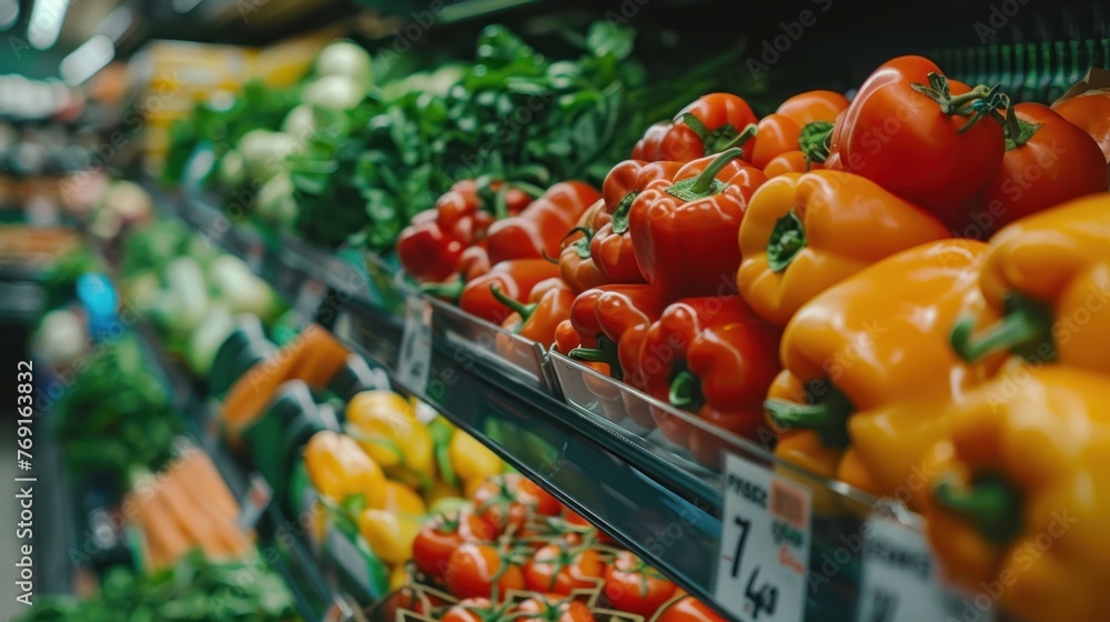 Close up fresh and healthy fruits and vegetables on a shelf in a supermarket. AI generated image