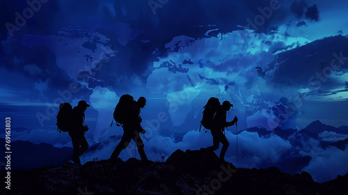 Silhouette of backpacker walkers, trekking in Himalayan mountains, at blue hour overlay of map of the world. Concept adventure holidays