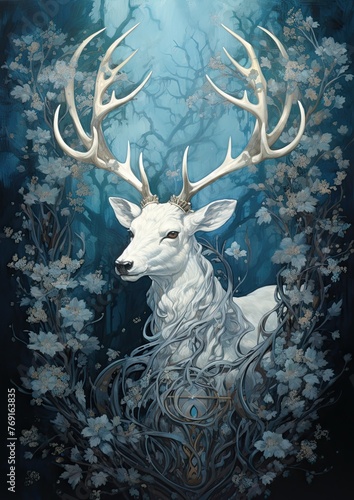 Fantasy painting of a luxury white stag, matt azure blue grunge background with shiny silver metallic baroque decorations,