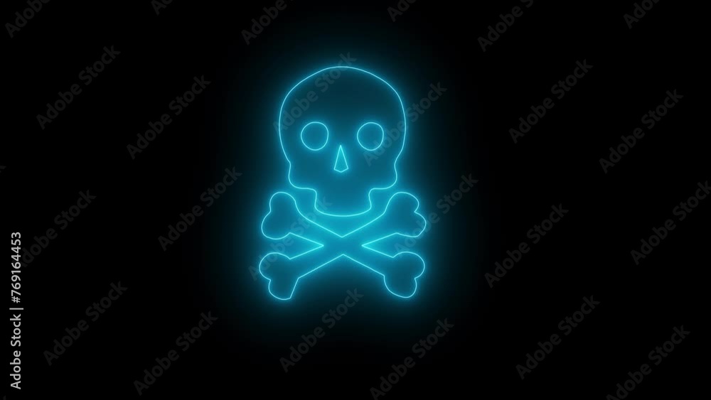 Skull Crossbones neon sign appear in center and disappear after some time. Animated blue neon icon on black background. Looped animation. Skull Crossbones neon sign appear in center and disappear after some time. Animated blue neon icon on black background. Looped animation.