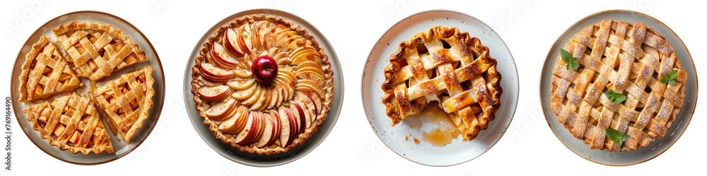 tasty homemade apple pie on plate, top view, cutout, png isolated transparent background tasty homemade apple pie on plate, top view, cutout, png isolated transparent background