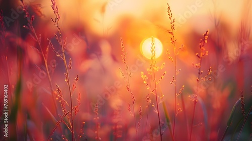 Beautiful natural panoramic countryside landscape. Blooming wild high grass in nature at sunset warm summer. Pastoral scenery. Selective focusing on foreground.