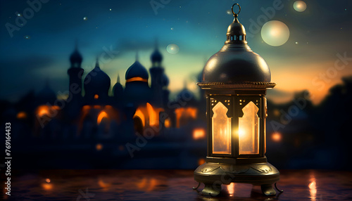 Lantern in front of mosque at night. Ramadan Kareem background