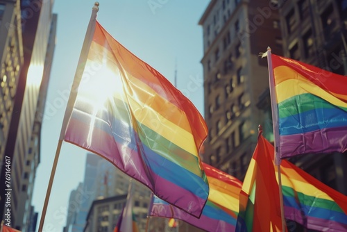 The gay pride flag is flying in the city during an open air festival, with other rainbow flags and people celebrating around it Generative AI photo