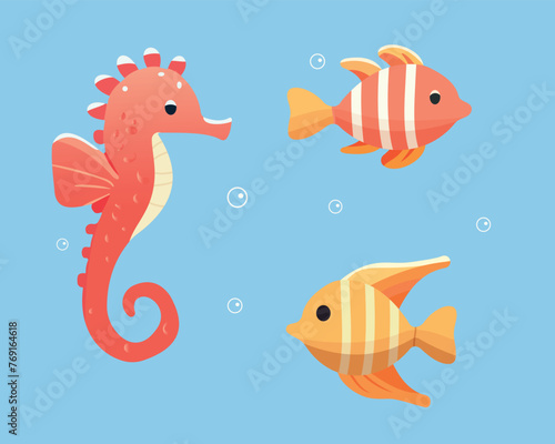 Different sea fish and sea Horse in the water with seaweed. Aquarium fish. Flat style. Vector illustration