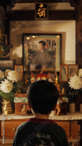 Wallpaper Mural Korean boy Looking at a photo of his deceased father with sadness.generative ai Torontodigital.ca
