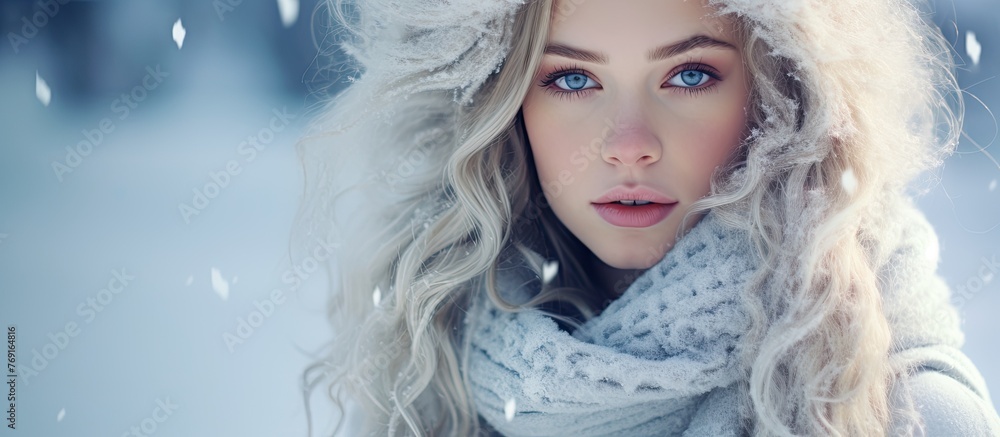 A woman with long, layered black hair and electric blue eyelash and eyeshadow, wearing a fur hat and scarf, stands in the snow