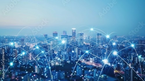 Futuristic global technology internet connection of cityscape concept. AI generated image