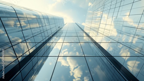 The sleek, reflective surface of a modern skyscraper, with the glass facade mirroring the sky and the urban landscape around it, the concept of urban textures created with Generative AI Technology