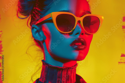 A woman with rainbow colored hair and makeup is wearing pink glasses. She has a bright and colorful look, which gives off a fun and playful vibe. creative pop art photography