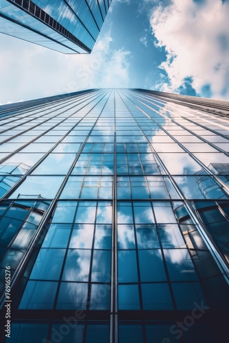 The sleek, reflective surface of a modern skyscraper, with the glass facade mirroring the sky and the urban landscape around it, the concept of urban textures created with Generative AI Technology
