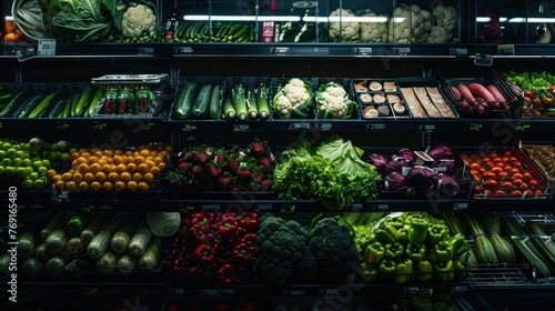 Fresh and healthy various fruits and vegetables on a shelf in a supermarket. AI generated image