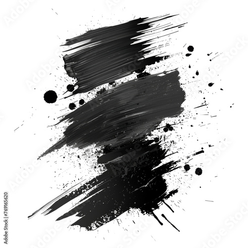 Dynamic black paint smear with splatter on transparent background - stock png.