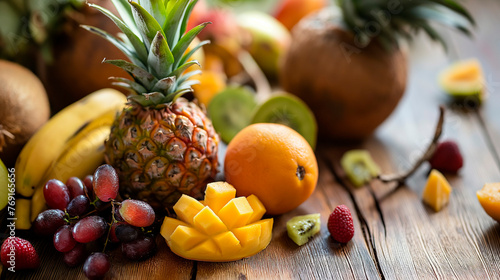 Assortment of fresh tropical fruits on a wooden table. Pineapple  mango  oranges   grapes and melon.