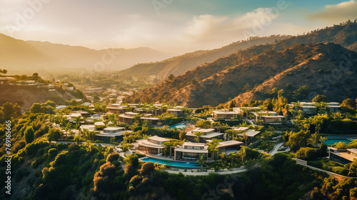 Nestled in the Hollywood Hills, luxurious homes bask in the golden hour's warm glow.