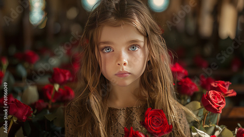 girl with a sad face Roses are being placed on a coffin inside a church.generative ai
