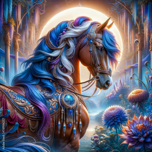 cavallo dalla criniera blu nel giardino incantato. Generative AI photo