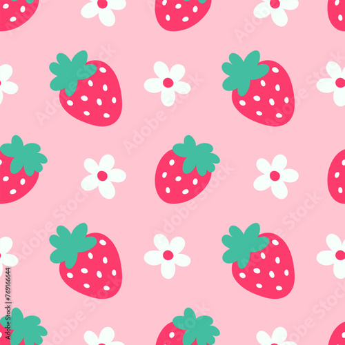 Strawberry flowers summer seamless vector children's pattern. Repeating background with summer fruits on pink. Cute design for fabric, gift wrap, packaging.