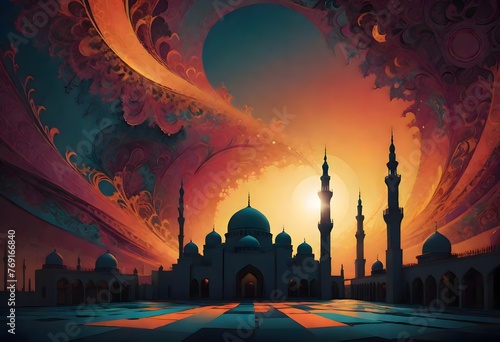 Mosque Silhouette Reflected in Calm Water Under a Crescent Moon and Starry Sky, Generative AI