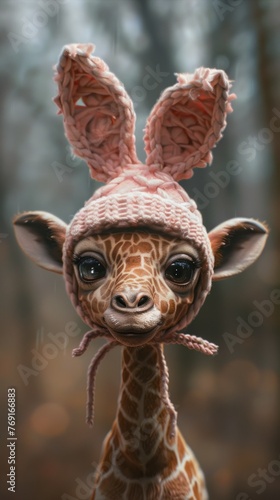 Cute cartoon giraffe wearing a funny hat with bunny ears. © Neuraldesign