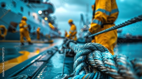 Captured in an intense extreme close-up, crew members collaborate seamlessly to fasten mooring lines, exemplifying the essence of teamwork and professionalism in maritime endeavors. photo