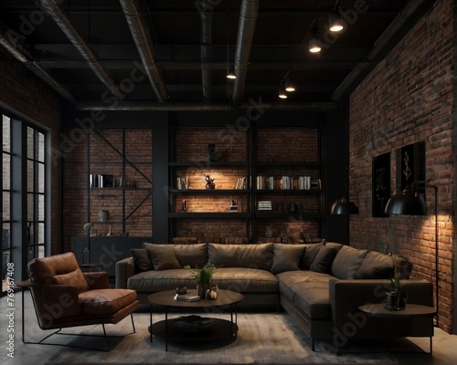 Sala estilo industrial, rustico em tons mais escuros. © Luan