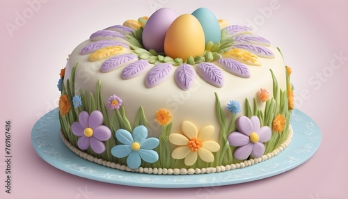 A spectacular Easter cake stands tall  its surface adorned with intricate swirls of pastel-colored frosting. Resting atop the cake are chocolate eggs in a delightful array of hues  offering a tantaliz