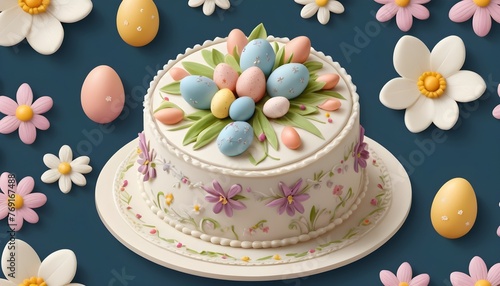 A heavenly Easter cake commands attention, its layers stacked high and frosted with creamy pastel hues. Cascading down its sides are vibrant sprinkles, while chocolate eggs nestled on top provide a de