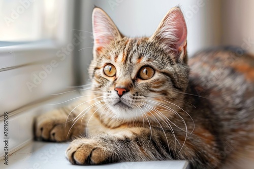 Domestic Tabby Cat Relaxing by the Window, Sunlit Whiskers, Warm Cozy Home Pet Portrait, Feline Gaze, Animal Serenity © pisan