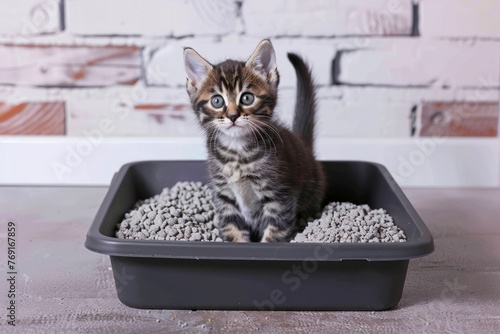 Adorable Tabby Kitten Sitting in a Litter Box Against a Wooden Background, Cute Pet Hygiene Concept