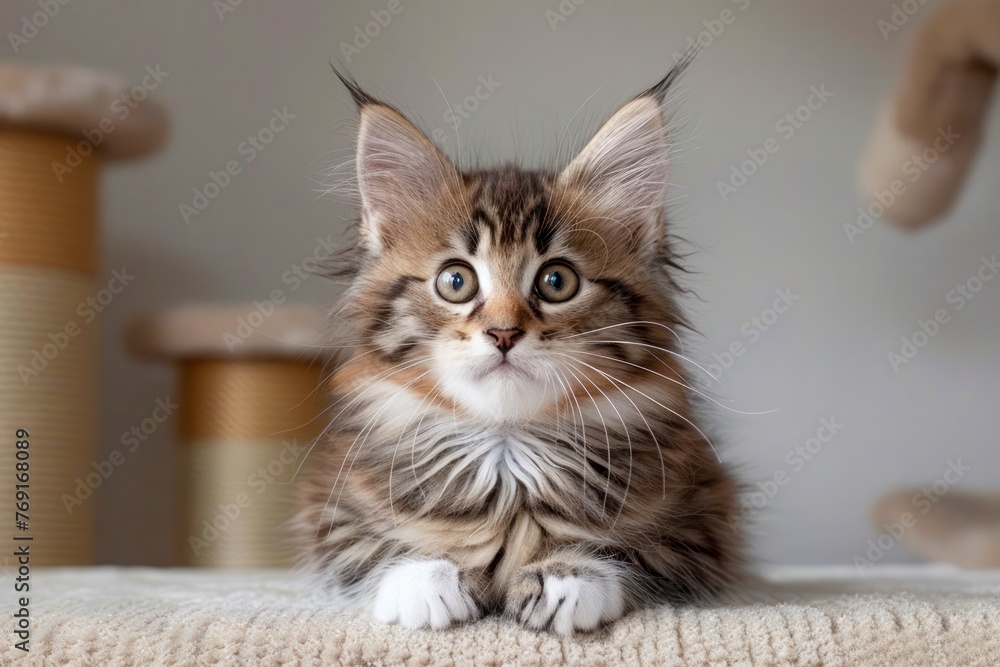 Adorable Fluffy Tabby Kitten Sitting Alert with Wide Eyes on a Cozy Home Interior Background, Pet Cat Indoors Adorable Fluffy Tabby Kitten Sitting Alert with Wide Eyes on a Cozy Home Interior Background, Pet Cat Indoors