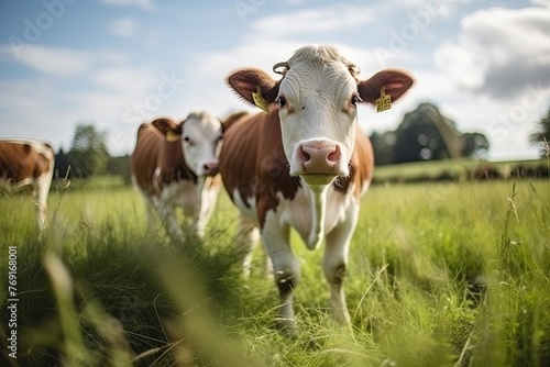 Curious cow grazes in natural summer green field 