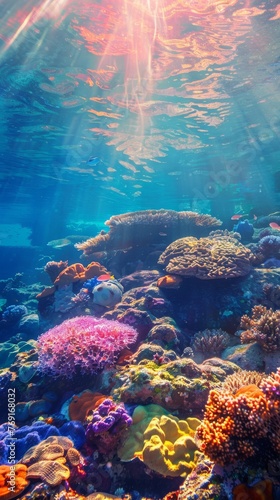 The vibrant, rough texture of a coral reef, captured underwater with the sunlight through the ocean surface. Highlights the diverse ecosystem and structure created with Generative AI Technology © Sentoriak