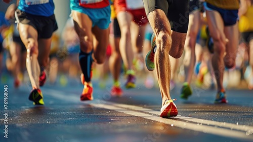 Close up group of marathon running athletes in a city street outdoor. AI generated image