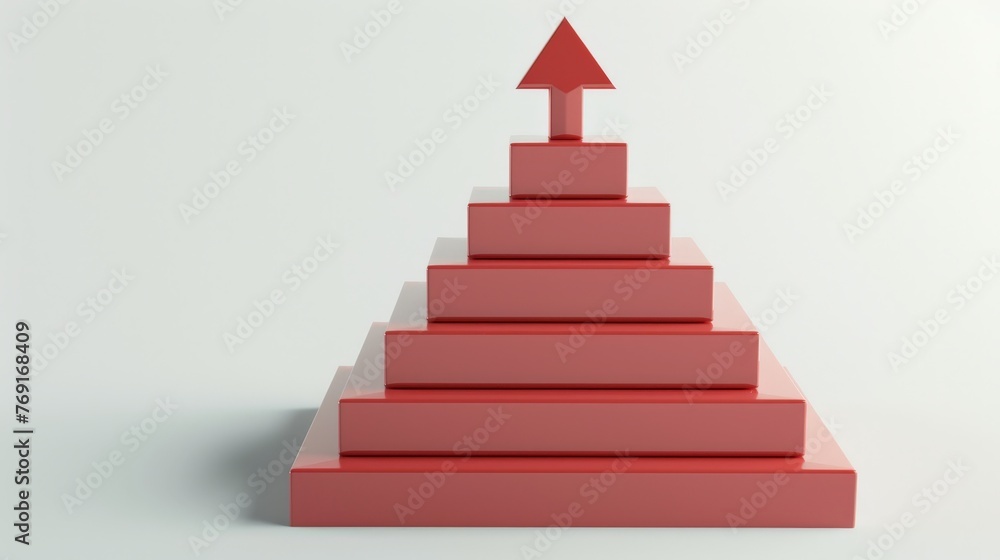 pyramid shaped 3D, in red tones, arrow pointing up, white background, pyramid shaped 3D, in red tones, arrow pointing up, white background,