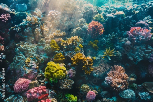 The vibrant, rough texture of a coral reef, captured underwater with the sunlight through the ocean surface. Highlights the diverse ecosystem and structure created with Generative AI Technology