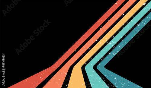 Colorful vintage perspective lines on a black background in retro style 70s, 80s 1970s, 1980s. Striped banner, background, poster or wallpaper. Vector illustration. photo