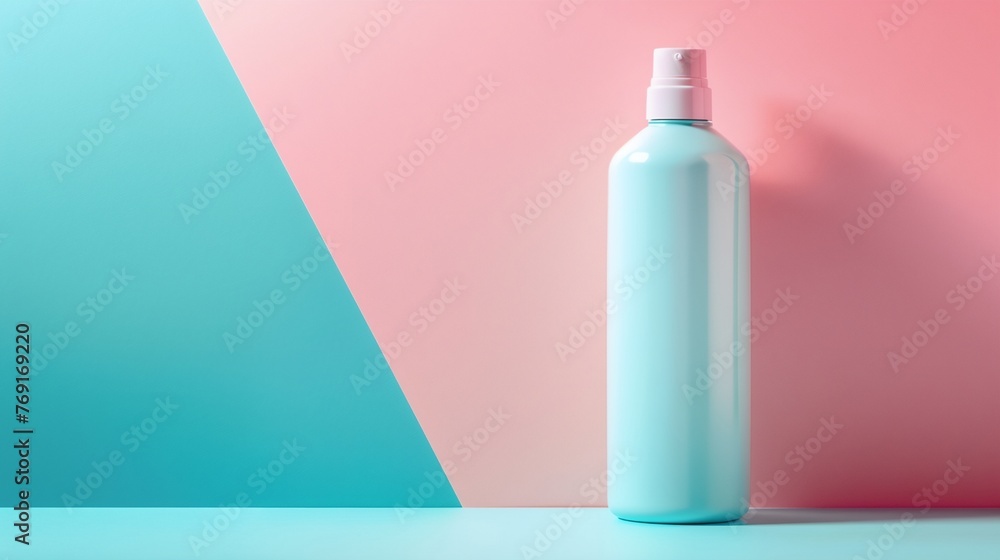 A bottle of shampoo stands on a table against a wall with a colorful background A bottle of shampoo stands on a table against a wall with a colorful background