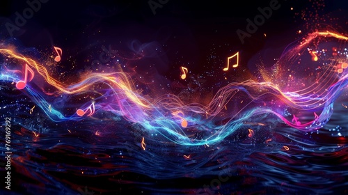 neon musical notes on the waves, background backdrop