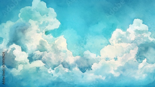 Natural sky beautiful blue and white watercolor texture illustration background. blue sky with cloud. 
