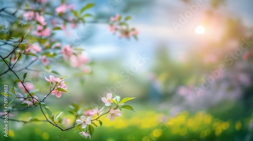 close up of spring blossom branches over blurred nature background with sunshine, banner, copy space.